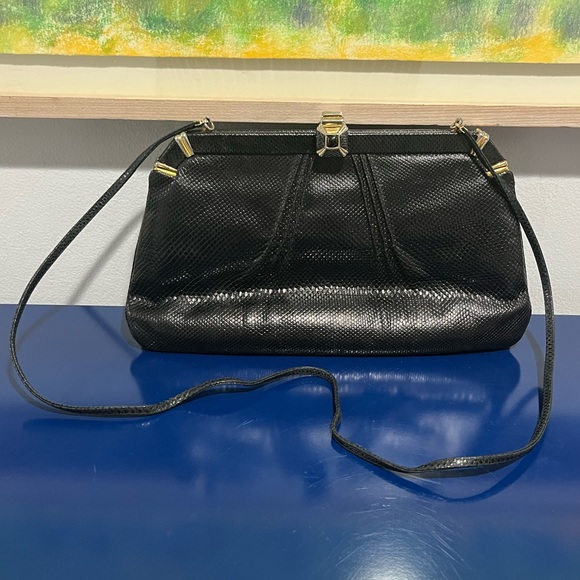 Judith Leiber Leather Snakeskin Reptile Bag Purse Clutch Black Gold Vintage 80s - Picture 2 of 12